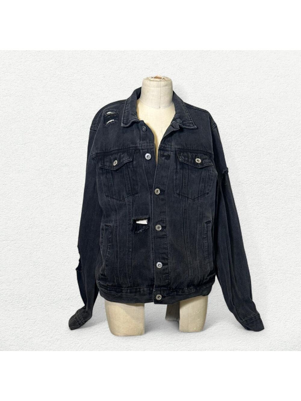 Forever 21 Mens Distressed Jean Jacket in Black Denim
